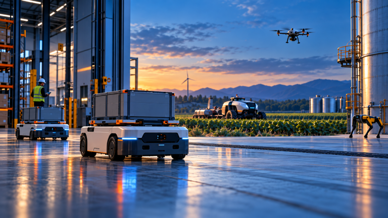 Autonomous mobile robots, a drone and an agricultural machine operating in a smart industrial environment with blue and orange accents.